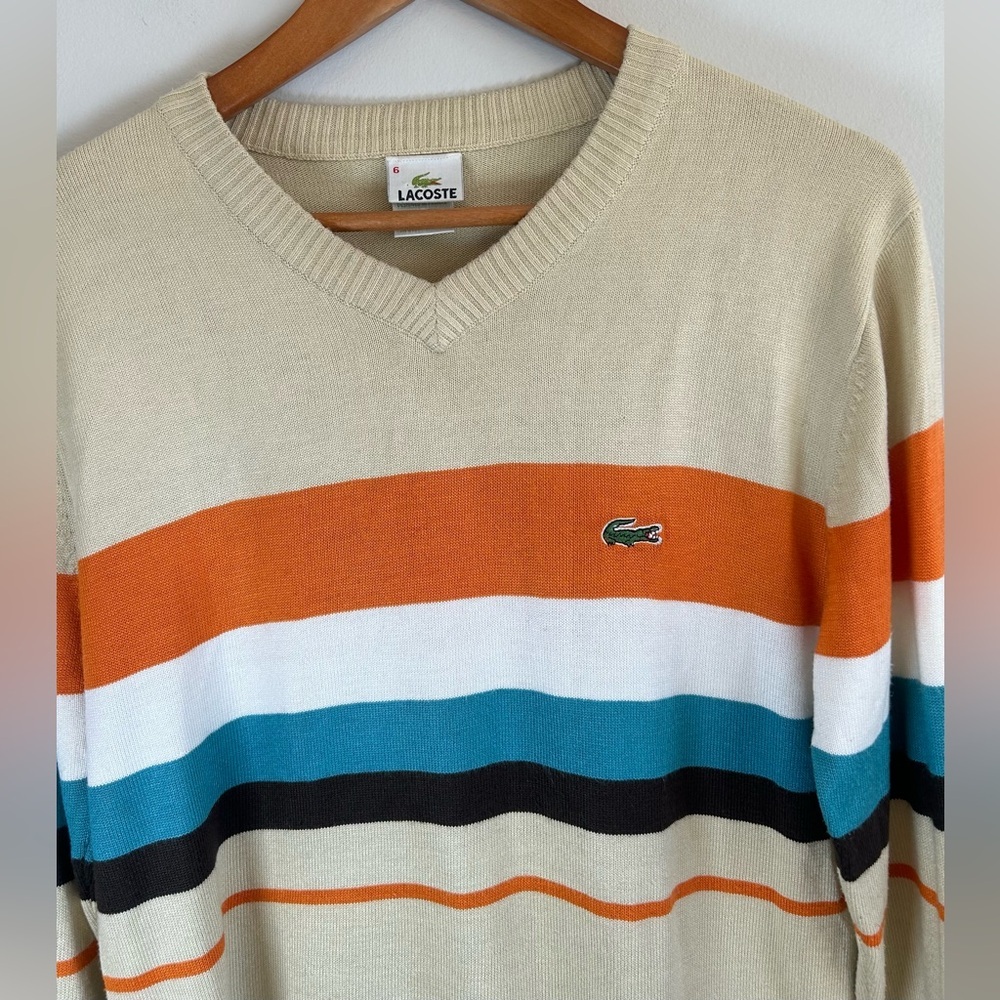 Vintage Lacoste Mens Tan Striped V-Neck Pullover Cotton Sweater Long Sleeve Sz 6 - Picture 4 of 9